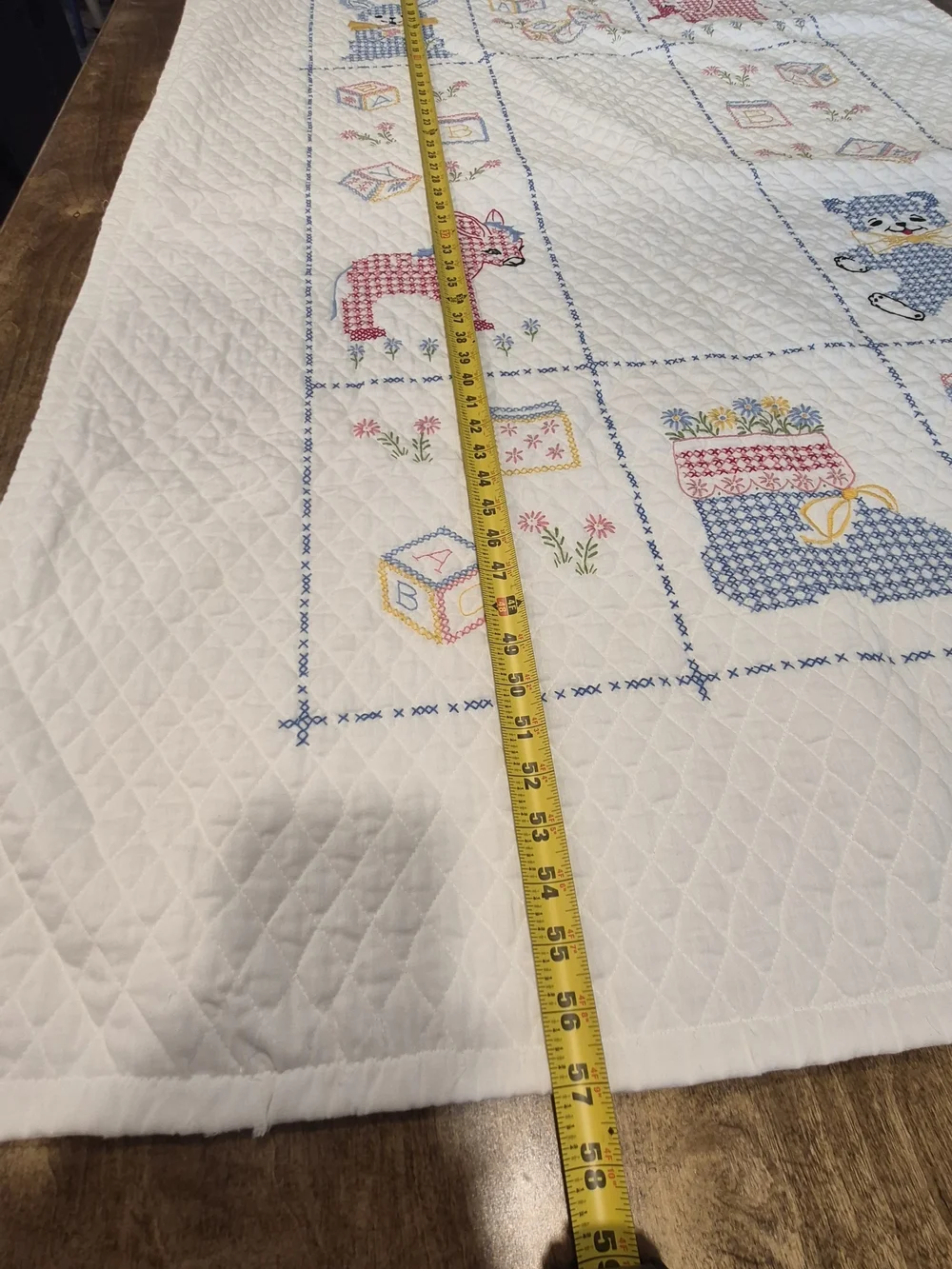 Vintage Handmade Crosstitch Baby Quilt- White with Blue and Pink Animal Motifs